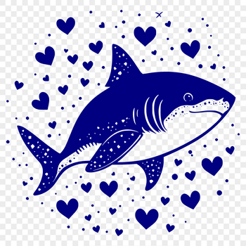 A simple line art illustration of a shark with hearts surrounding its body.