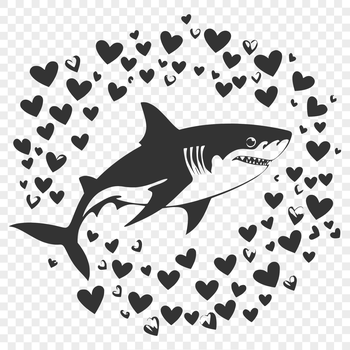 A stylized shark illustration with love hearts integrated into the design.