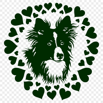 Image of a Shetland sheepdog breed dog's head with heart symbols.
