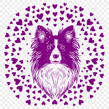 A portrait illustration of a Shetland Sheepdog with heart shapes around its head.