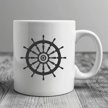 A simple line drawing of a ships wheel, symbolizing navigation and control.