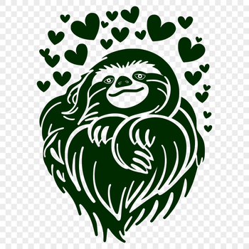 A stylized illustration of a sloth with love hearts surrounding its body.