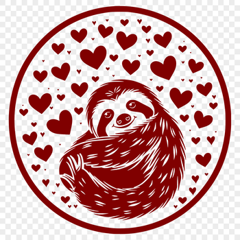 A full-body illustration of a sloth with love hearts surrounding its body.