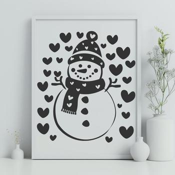 A winter character made from stacked snow blocks, decorated with small hearts.