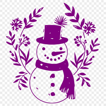 A cartoon snowman made from stacked snow blocks, dressed in a red hat and scarf, standing on a winter landscape.