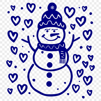A snowman made with love hearts in a festive winter scene.