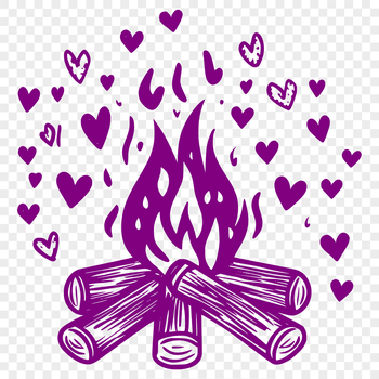 A camp fire with love hearts surrounding the flames, suitable for outdoor activities.