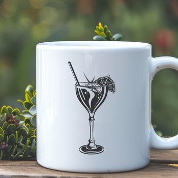 A cocktail in a glass on a table with garnishes and ice.