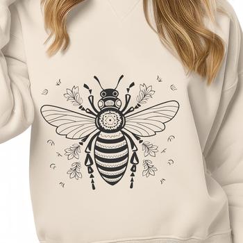 An illustration of a bee with ornate details, showcasing its full body as it forages among flowers.