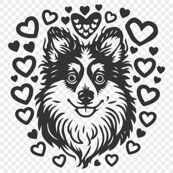 A cute illustration of a Shetland Sheepdog with love hearts surrounding its head.