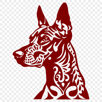 A detailed illustration of a Doberman Pinscher's head, featuring intricate details.