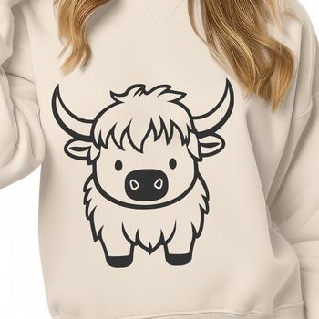 A full-body standing Highland cow in a natural environment, suitable for farm-themed designs.