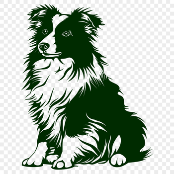 A full-body illustration of a sitting Shetland sheepdog with a detailed design.