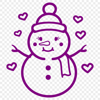 A simple winter character made from interconnected lines and curves, featuring red and blue hearts in a festive arrangement.
