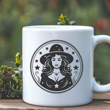 A mystical illustration featuring a witch's head surrounded by magical symbols and elements.