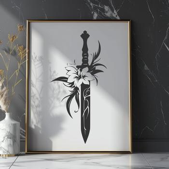 Illustrative design of a sword with floral patterns, suitable for digital cutting and laser engraving projects.