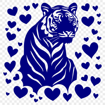 A stylized illustration of a tiger with love hearts incorporated into its design.