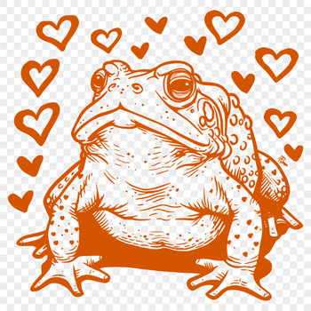 A digital illustration of a toad in full body pose with loving hearts incorporated into its design.