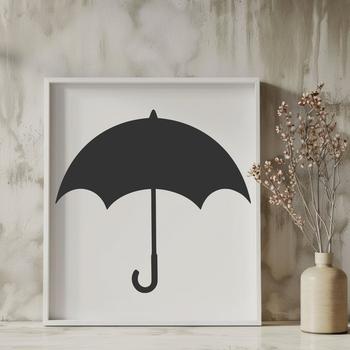 A minimalist silhouette of a classic umbrella against a cloudy sky.