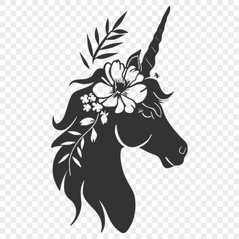 A colorful illustration of a mythical creature's head with floral details and long neck.