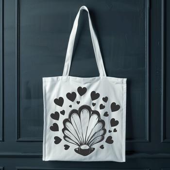 A stylized illustration of a seashell featuring love hearts in its design.