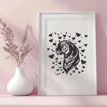 A stylized illustration of a tiger's face, surrounded by love hearts.