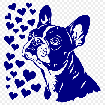 A stylized illustration of a Boston Terrier breed dog with love hearts surrounding its head.