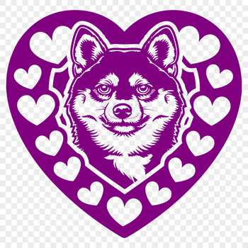 A close-up illustration of a Shiba Inu's face with heart-shaped elements.