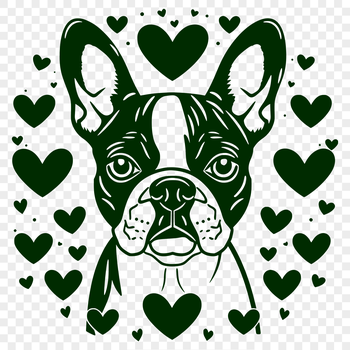 A vector illustration of a cute Boston Terrier dog with heart patterns on its head.