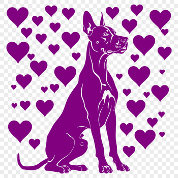 A full-body illustration of a sitting Great Dane dog with intricate love heart details.