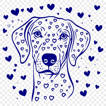 A Weimaraner breed dog design with love hearts surrounding its face.