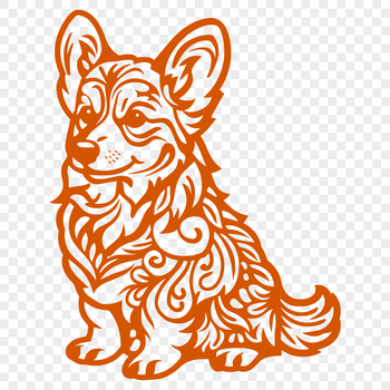 A full-body illustration of a seated Welsh Corgi, depicted in a detailed and ornate style.