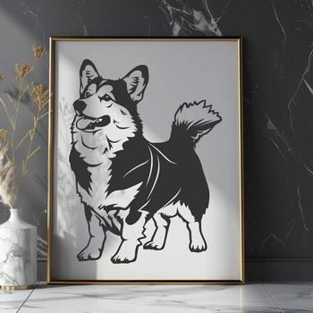 A realistic illustration of a standing Welsh Corgi breed dog from the side.