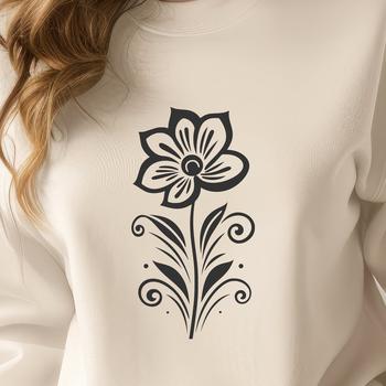 A stylized illustration of a wild flower with vibrant petals and a central cluster.