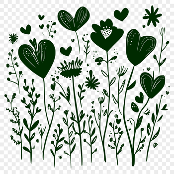 A colorful illustration of a single wild flower with multiple love hearts surrounding it.