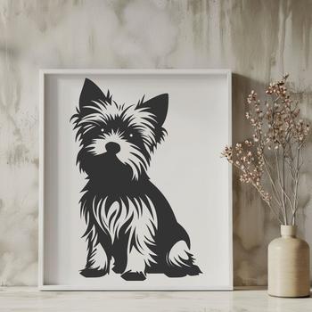 A full-body illustration of a small breed dog, specifically a Yorkshire Terrier, sitting on its haunches.