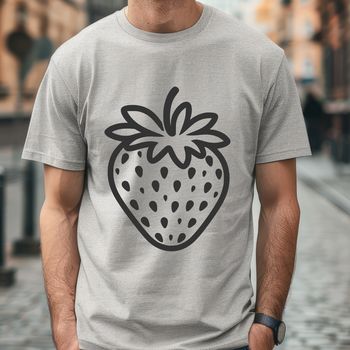 A simple illustration of a strawberry fruit with green leaves and stem.