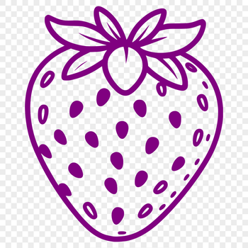 A detailed illustration of a single strawberry fruit with seeds and green stem.