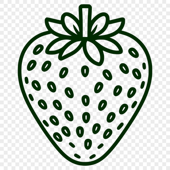 A digital illustration of a ripe strawberry with green stem and leaves.