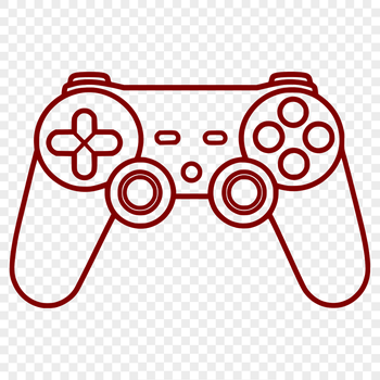 A stylized illustration of a video game controller with buttons and joysticks.