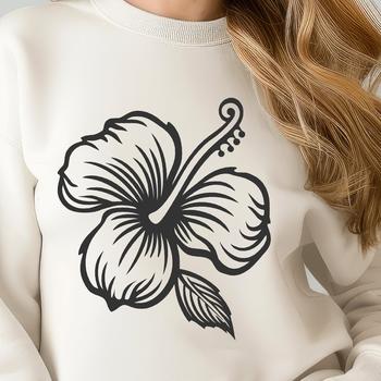 A stylized line drawing of a hibiscus flower with five delicate petals.
