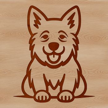 A simple line drawing of a sitting dog with a distinctive breed-specific coat pattern.