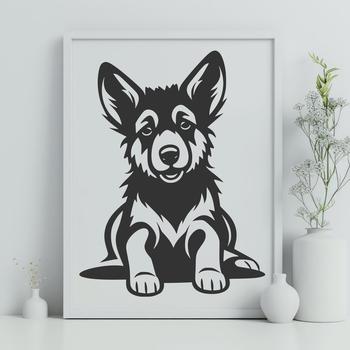 A detailed illustration of a sitting German shepherd dog in profile.