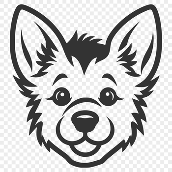 A simple line drawing of a German Shepherd's head with facial features.