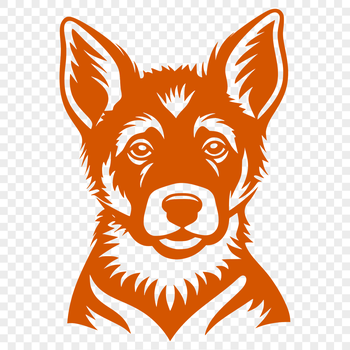 Close-up illustration of a German Shepherd's head with detailed facial features and realistic texture.