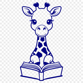 A tall, even-toed ungulate animal with a distinctive coat pattern, depicted reading from a book in a savannah setting.