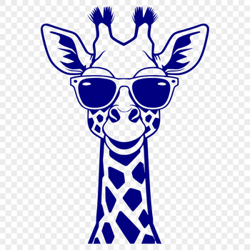 A stylized illustration of a giraffe wearing sunglasses in a safari setting.