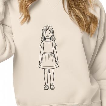 A young girl in a casual outfit standing alone in front of a plain background.