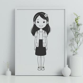 A digital drawing of a girl designed with scalable lines and shapes.