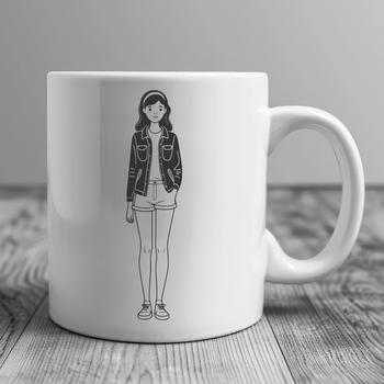 An illustrated young girl character with simple lines and shapes.